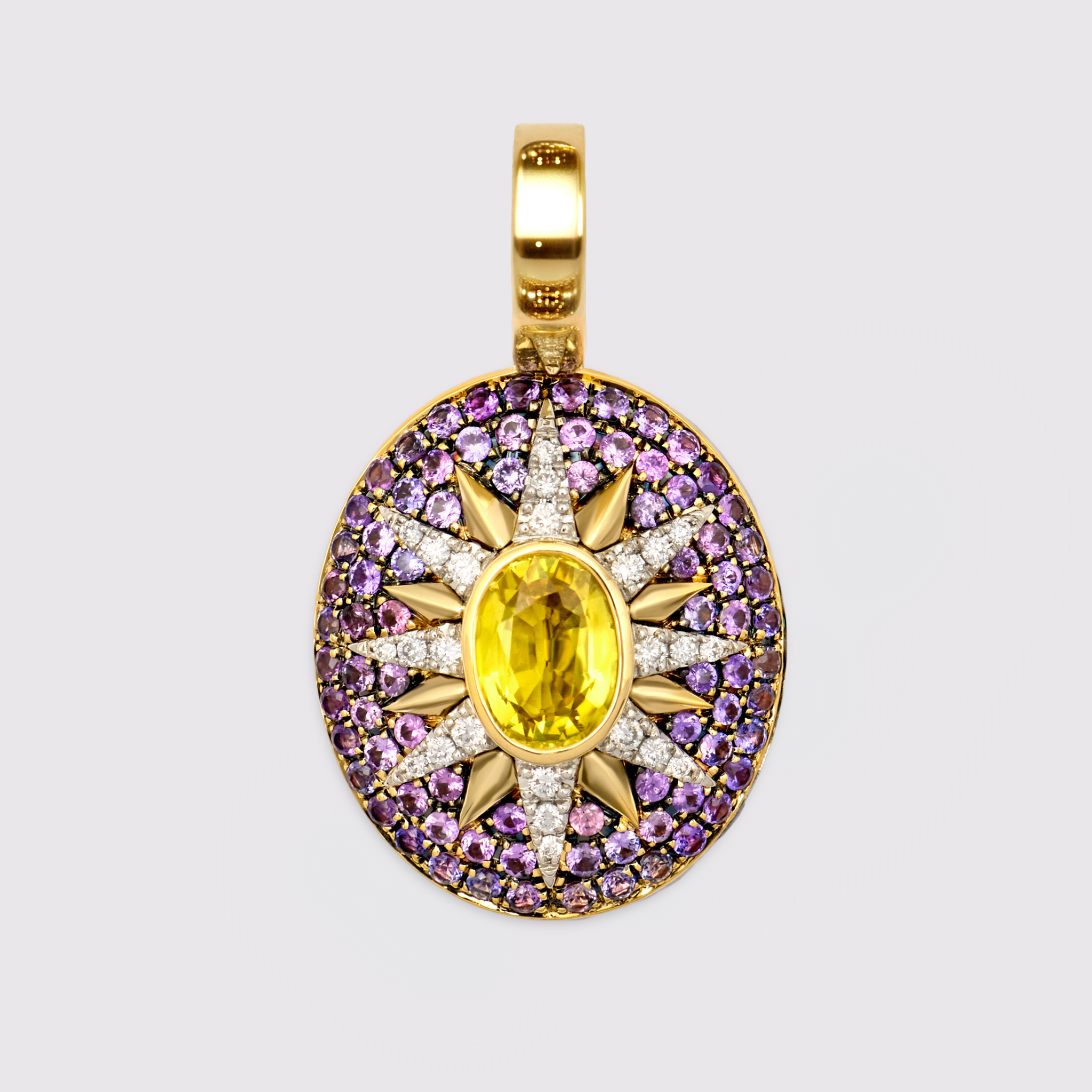 Crush Nova pendant featuring oval yellow sapphire center with lavender sapphires, diamonds and 18k gold star motif