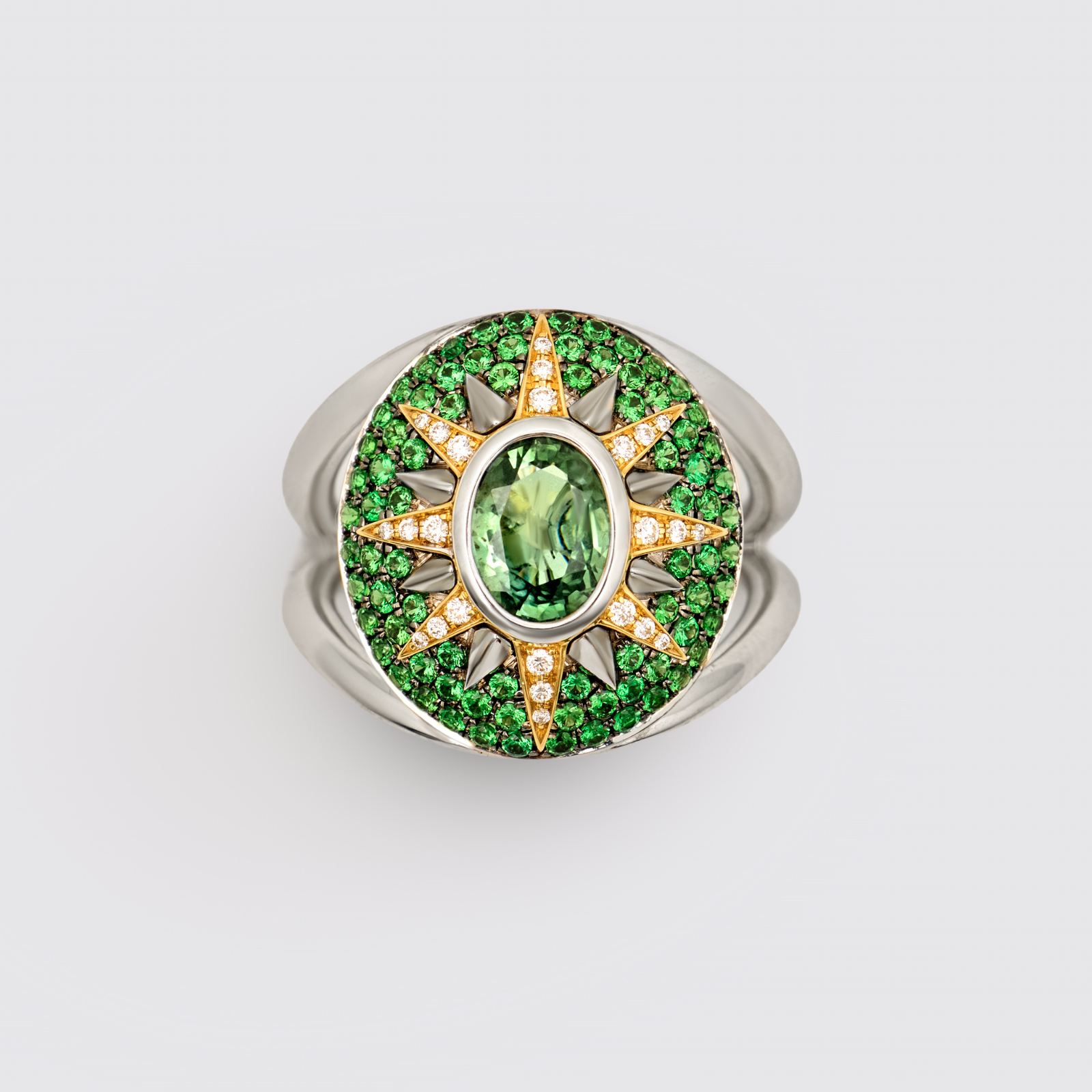 Crush Nova Ring - Green Sapphire & Tsavorites
