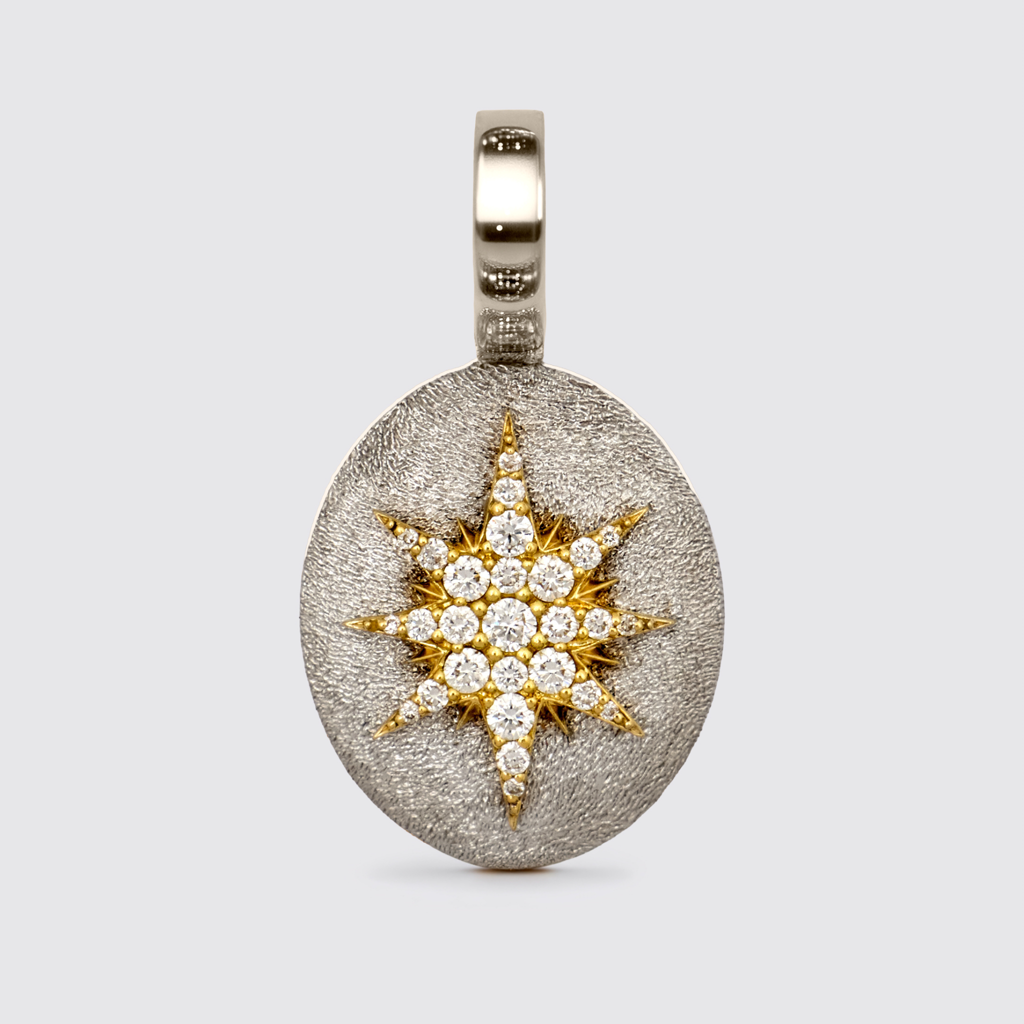 Crush Stella oval white gold pendant with stardust texture, 0.25ct diamond star motif, 18k fine jewelry